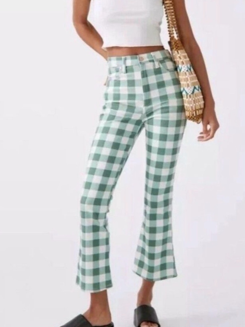 WRANGLER Wrock Gingham Flare Green Checkered Denim Pants Sz 25